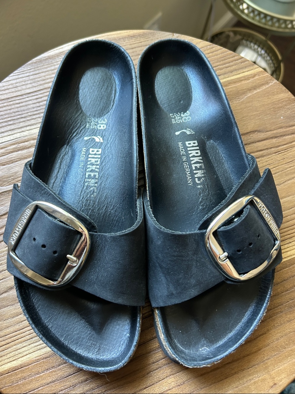 Birkenstock Big-Buckle Madrid Black Sandals with Silver Buckles